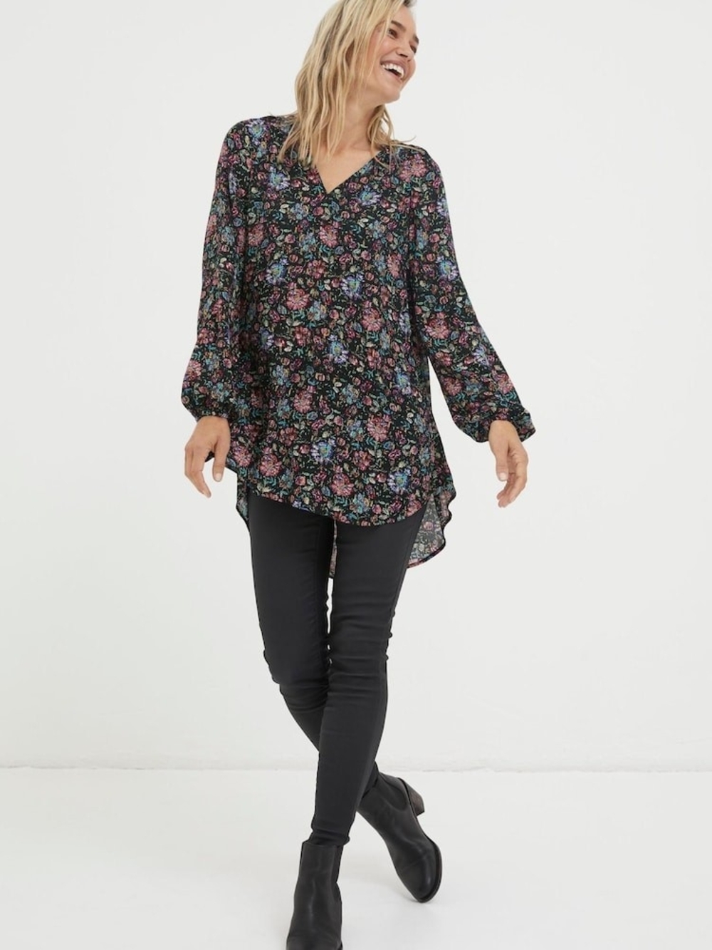 FatFace Black Floral Long Sleeve Crinkle Tunic Gold Metallic Threads Sz 14